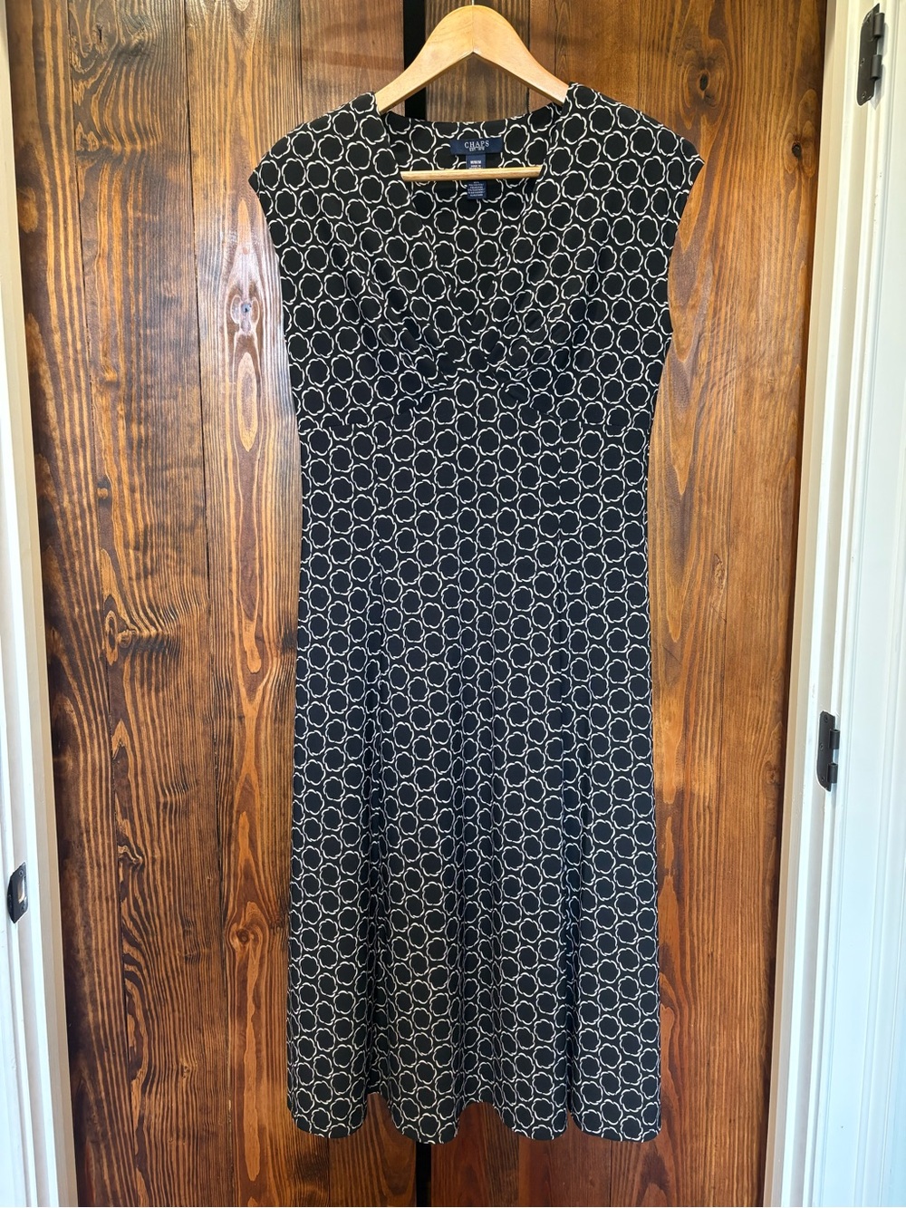 Chaps Women's Faux Wrap Dress Black & White ,Geometric Cap Sleeve- Size M